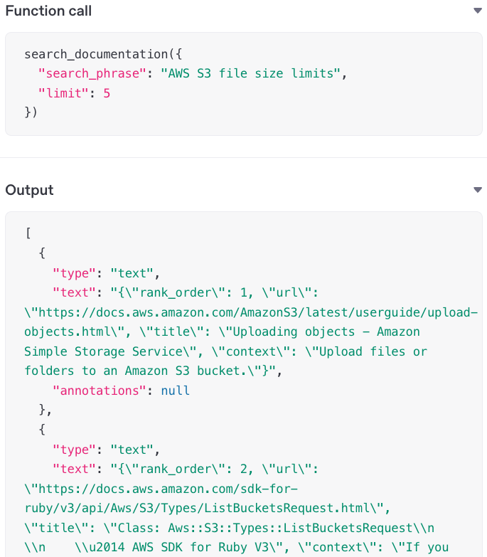 Trace for a search_documentation tool call with limit of 5 and ranked results with rank_order, url, and title.