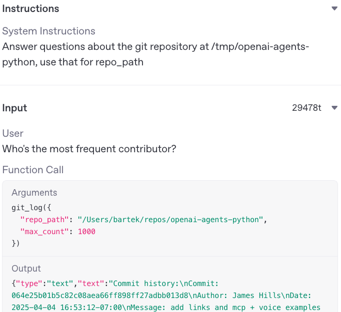 Trace with git_log function call with input and output.