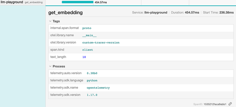 Screenshot from JaegerUI depicting the span generated by the generic OpenAIEmbeddingInstrumentor.
