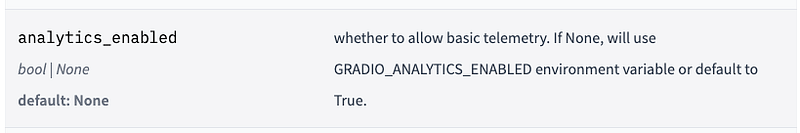 Gradio documentation screenshot for property “analytics_enabled”