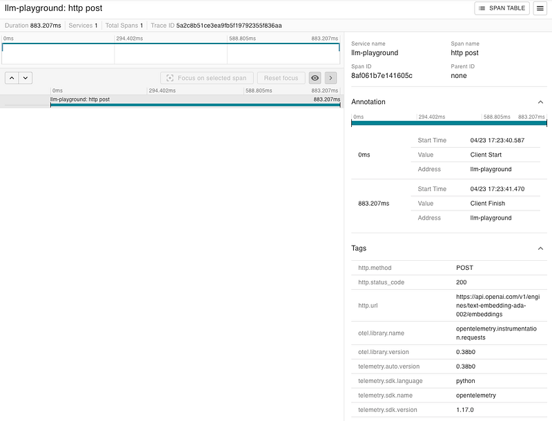 Jaeger UI showing details of a single UI call